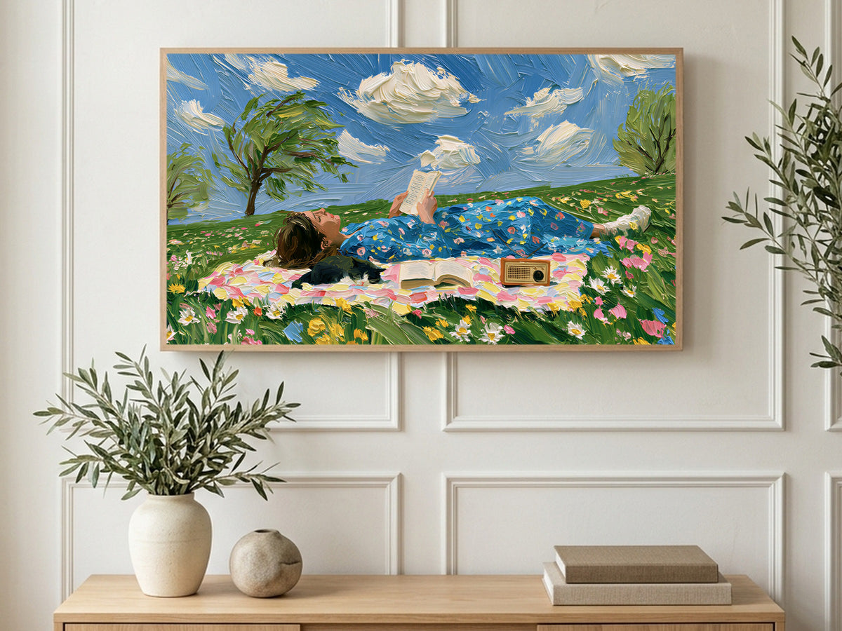 Meadow Picnic Reader art on a TV in a living room