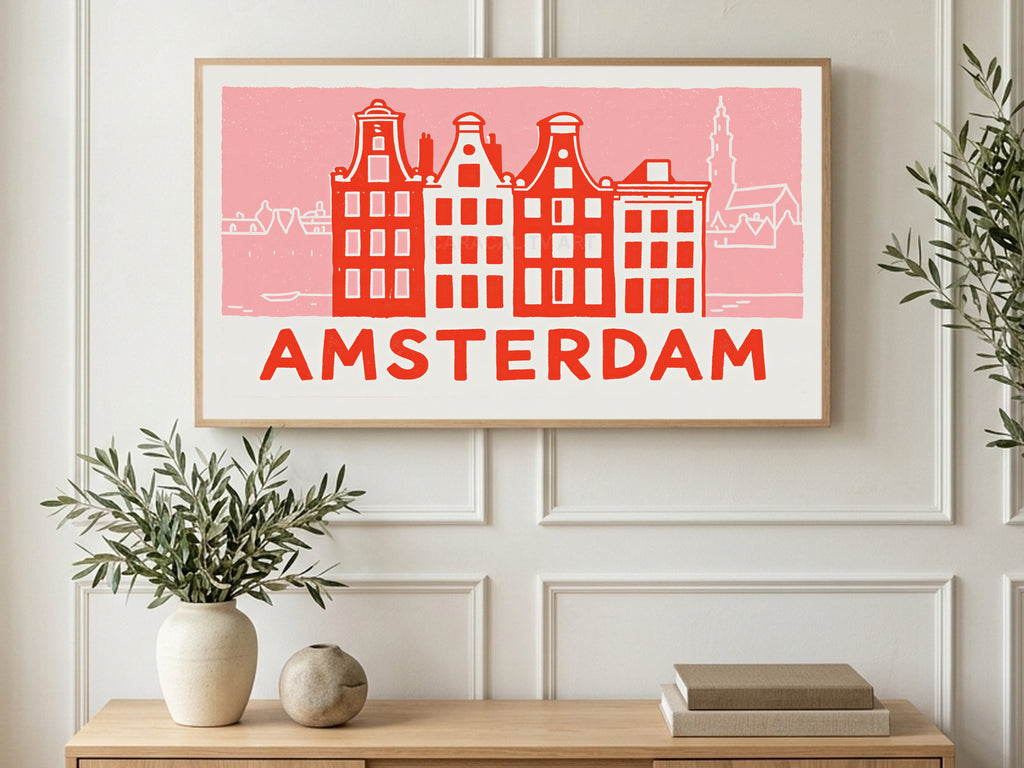 Amsterdam Canal Houses art on a TV in a living room