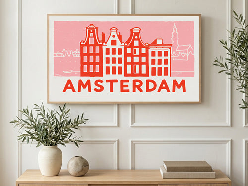 Amsterdam Canal Houses art on a TV in a living room