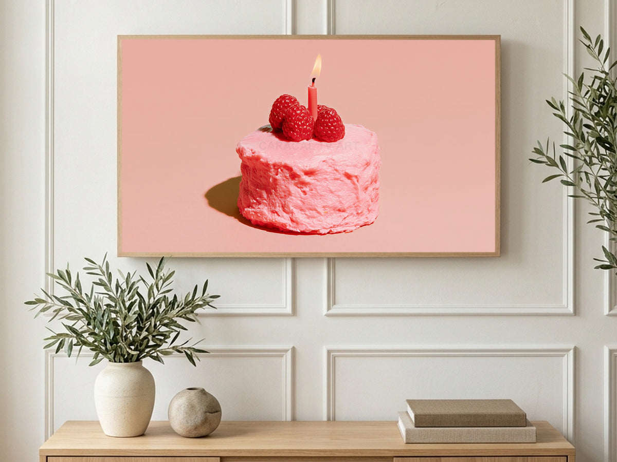 Raspberry Birthday Cake art on a TV in a living room