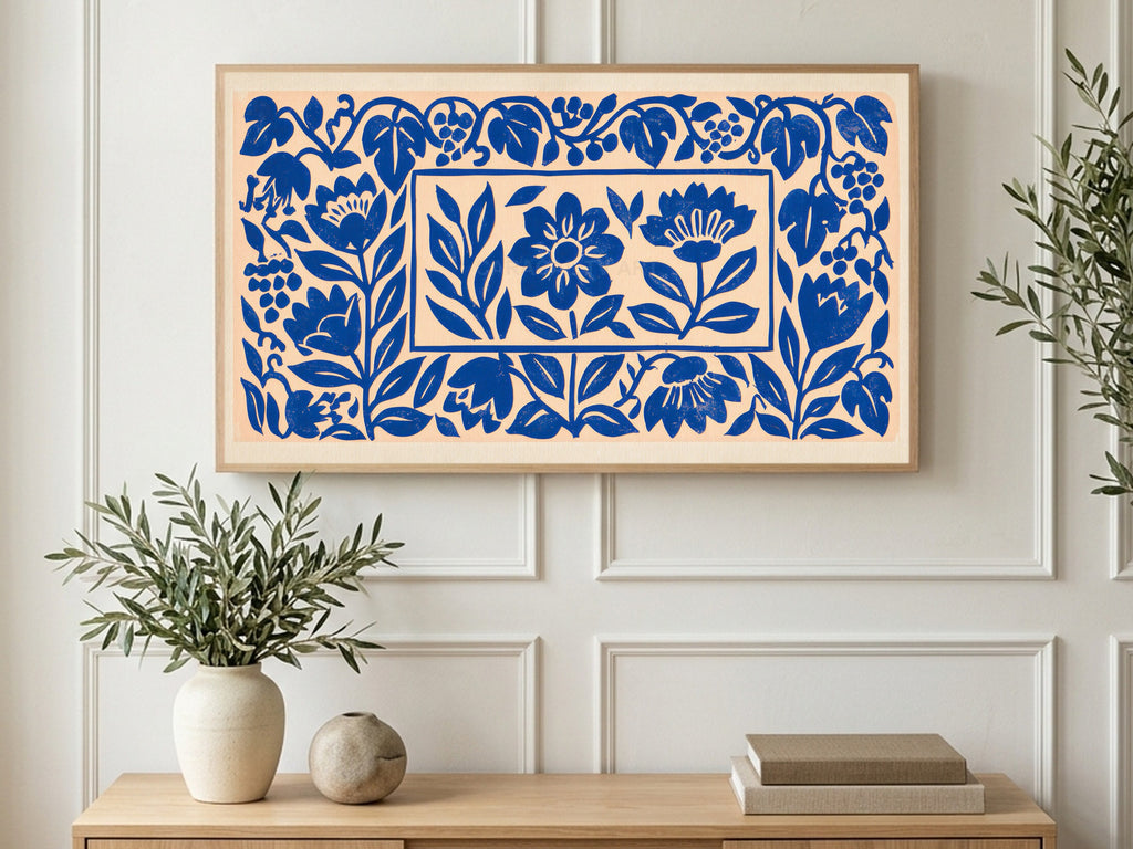 Blue Paper Cut Flowers art on a TV in a living room
