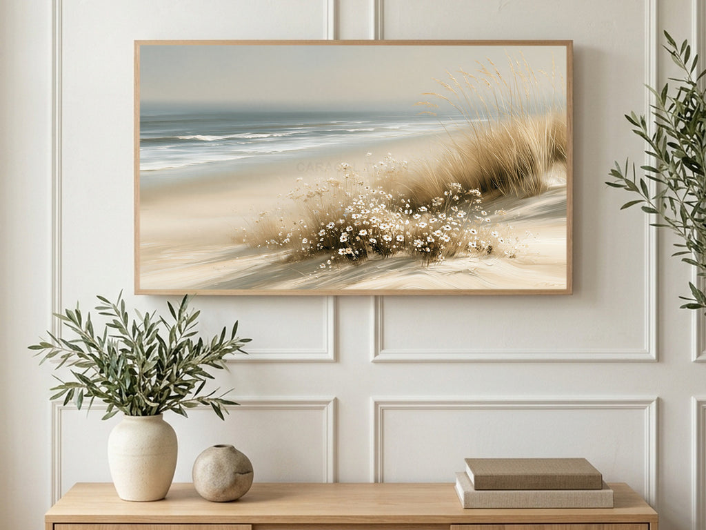 Daisies on the Dunes art on a TV in a living room