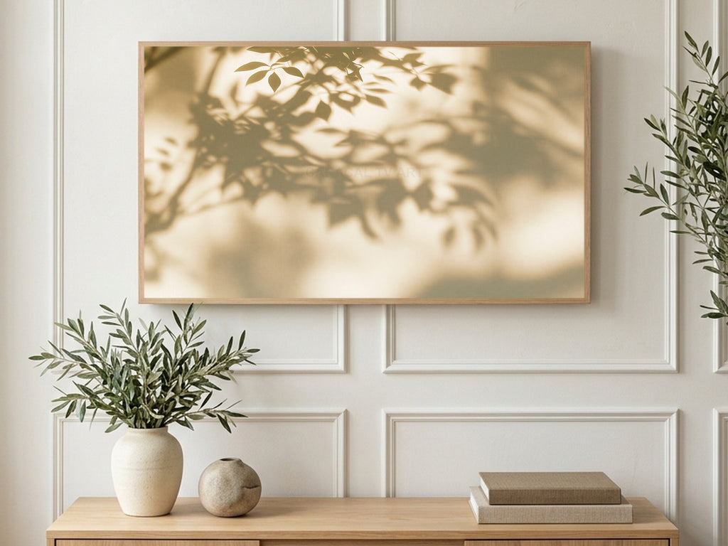 Leaf Shadows in Sunlight art on a TV in a living room