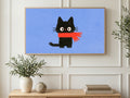 Red Scarf Kitten art on a TV in a living room