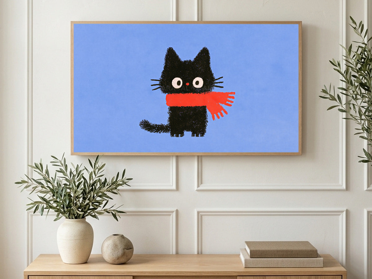 Red Scarf Kitten art on a TV in a living room