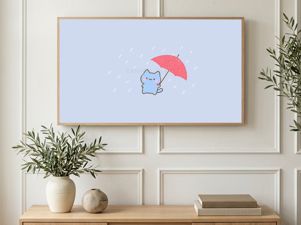 Umbrella Kitten in Rain art on a TV in a living room
