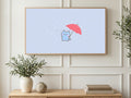 Umbrella Kitten in Rain art on a TV in a living room