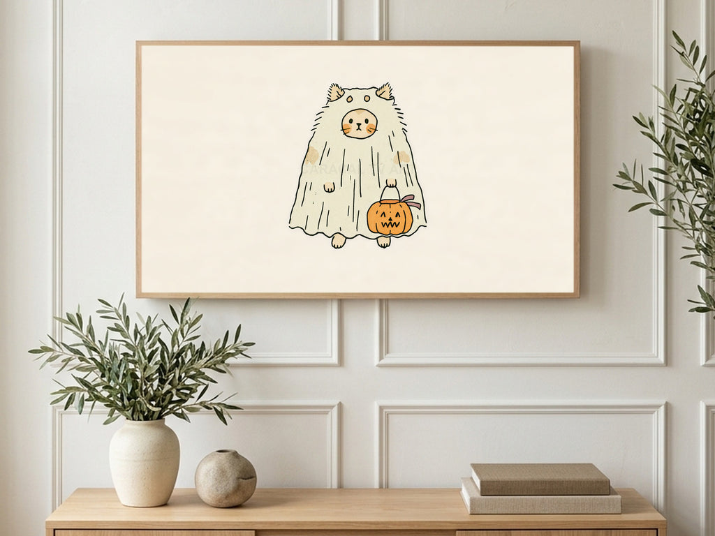 Ghost Sheet Cat art on a TV in a living room