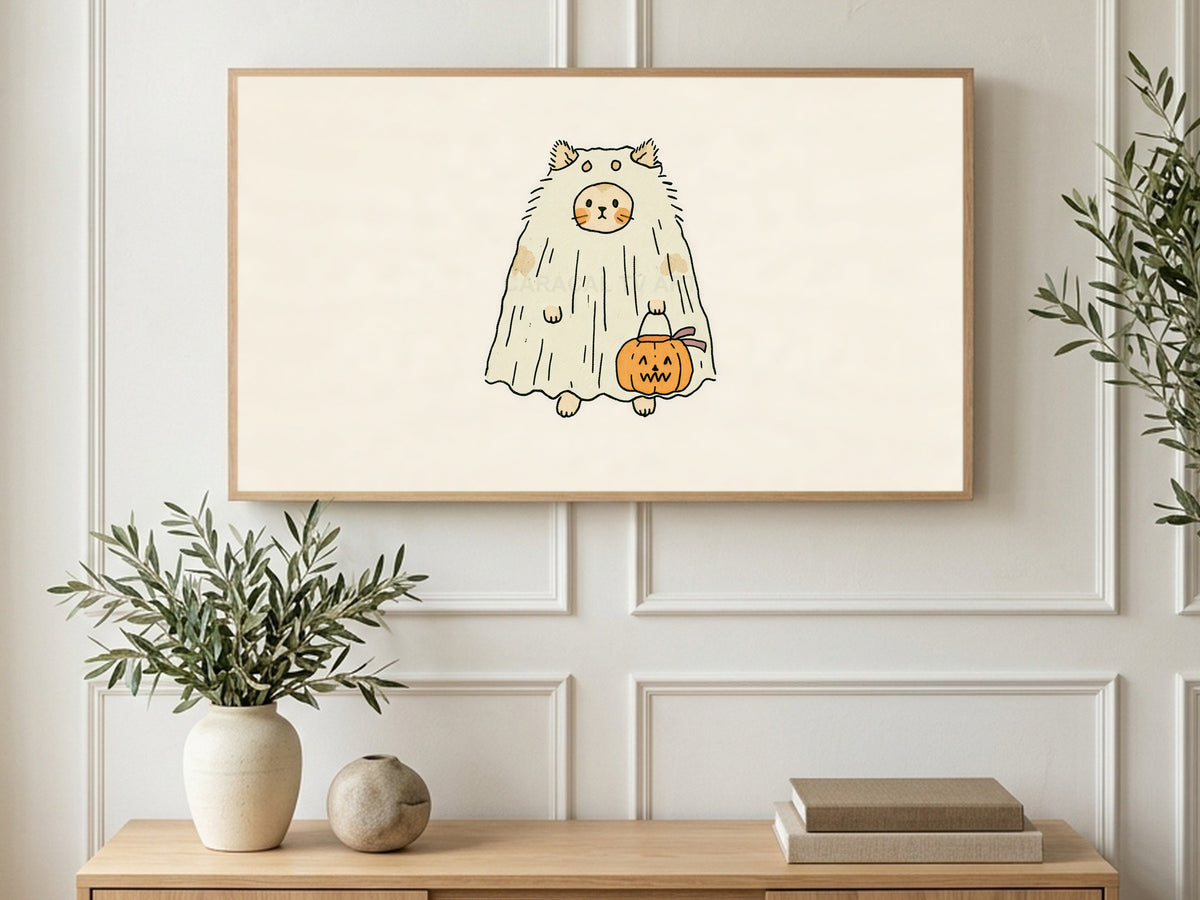 Ghost Sheet Cat art on a TV in a living room