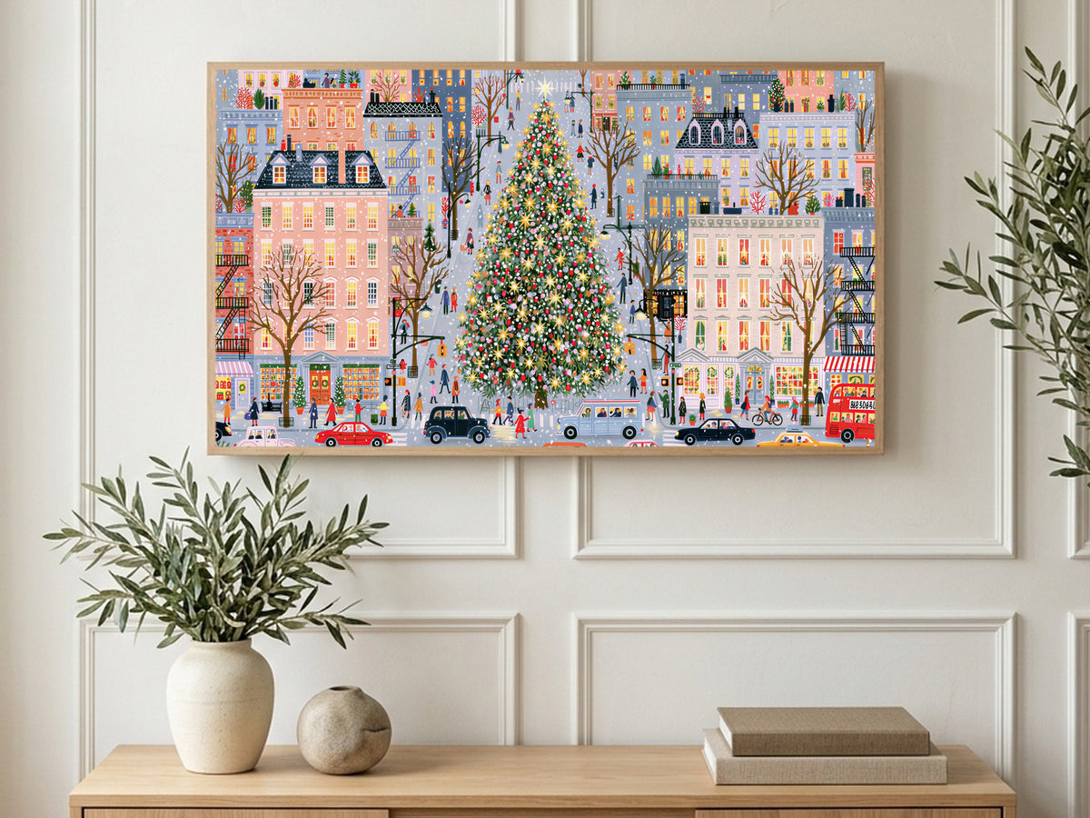 Giant Tree City Street art on a TV in a living room