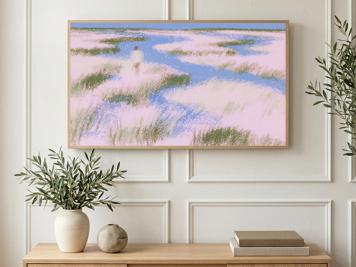 Pastel Marsh Walker art on a TV in a living room