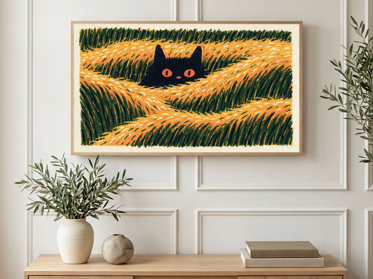 Cat in Golden Grass art on a TV in a living room