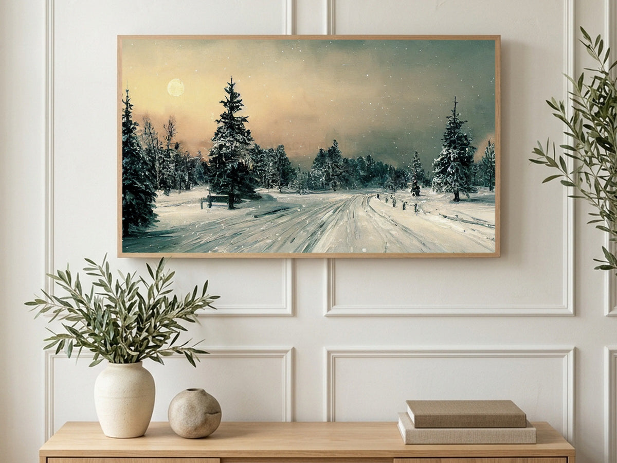 Moonlit Pine Road art on a TV in a living room