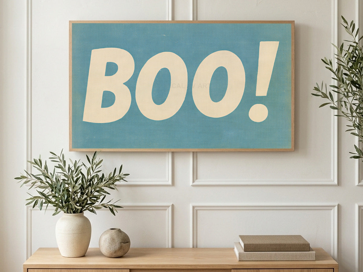 Dusty Blue Boo art on a TV in a living room