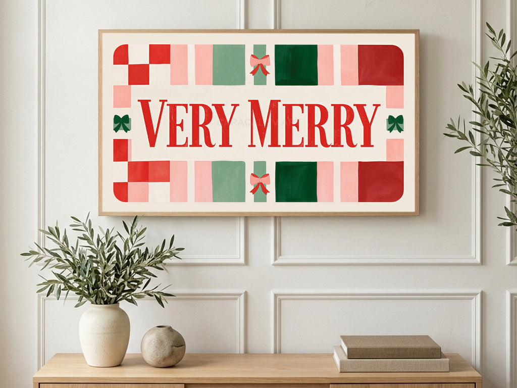 Very Merry Blocks art on a TV in a living room