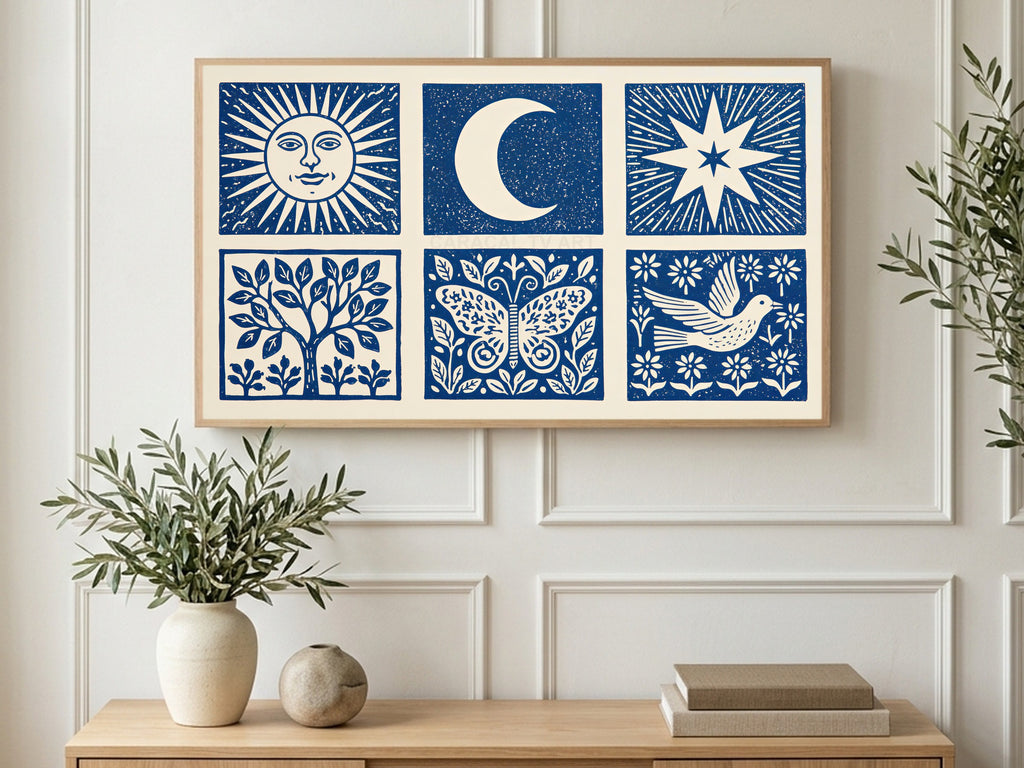 Linocut Sun and Moon art on a TV in a living room