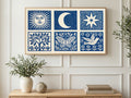 Linocut Sun and Moon art on a TV in a living room