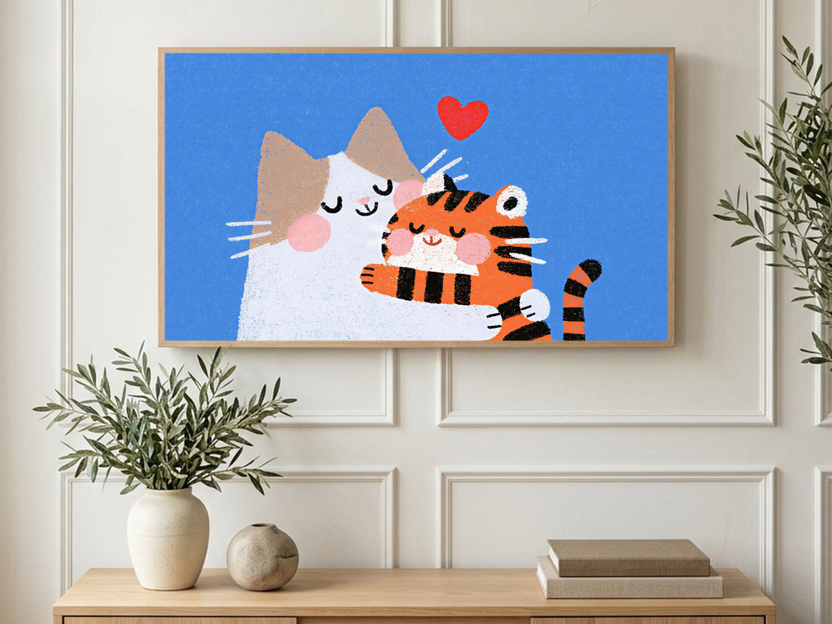 Cat and Kitten Heart art on a TV in a living room