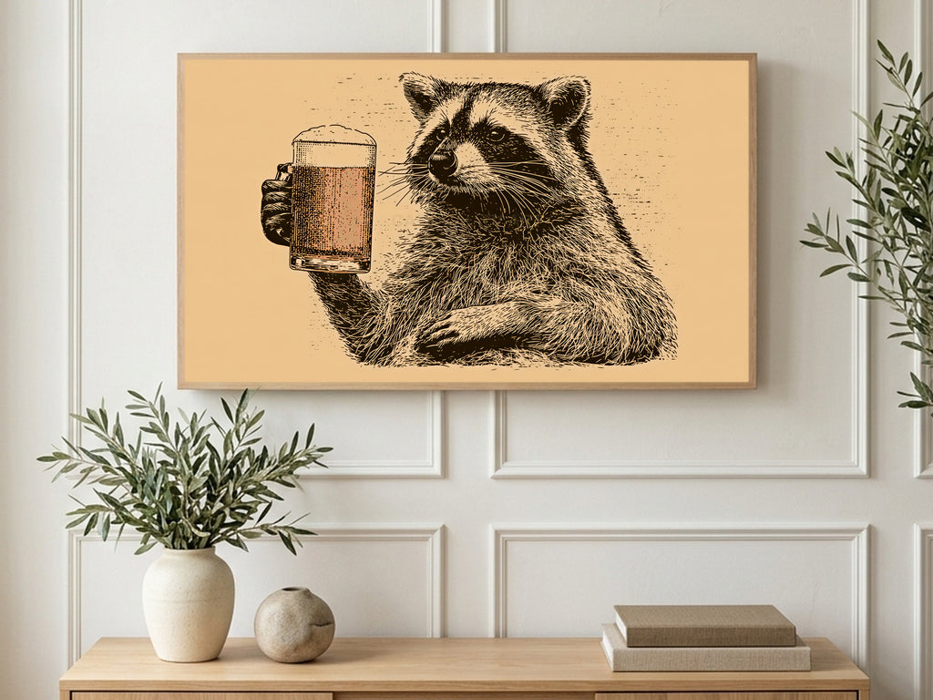Beer Mug Raccoon art on a TV in a living room