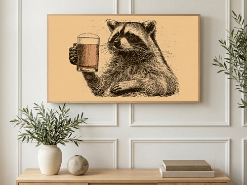 Beer Mug Raccoon art on a TV in a living room