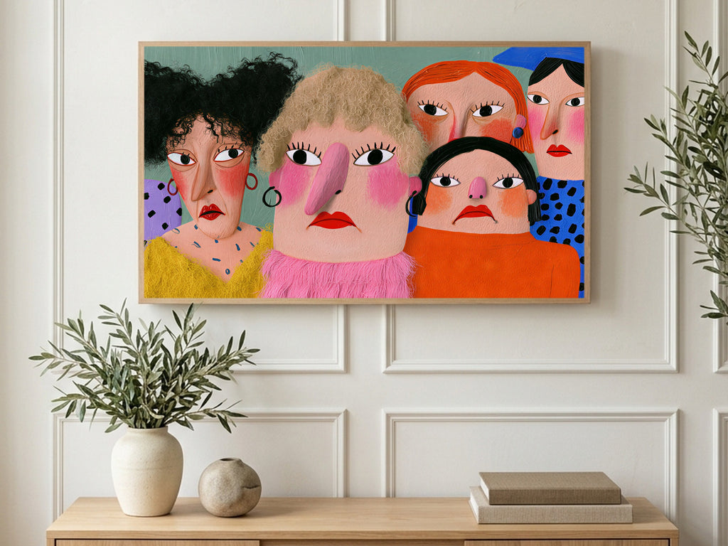 Five Grumpy Ladies art on a TV in a living room