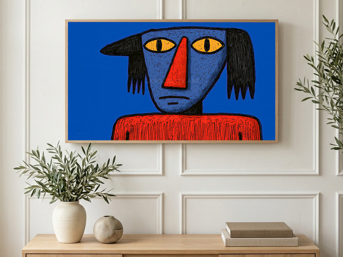 Glum Blue Face art on a TV in a living room