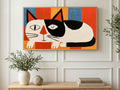 Winking Mid Century Cat art on a TV in a living room