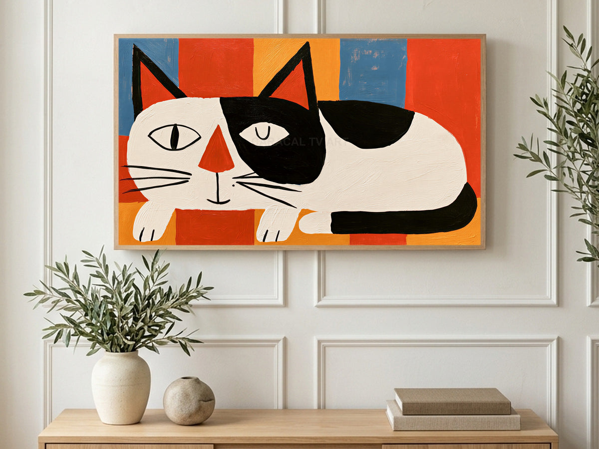 Winking Mid Century Cat art on a TV in a living room