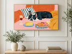 Bulldog Wine and Cheese art on a TV in a living room
