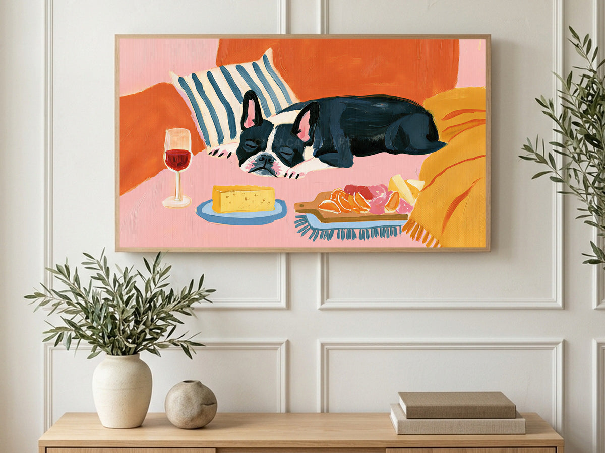 Bulldog Wine and Cheese art on a TV in a living room
