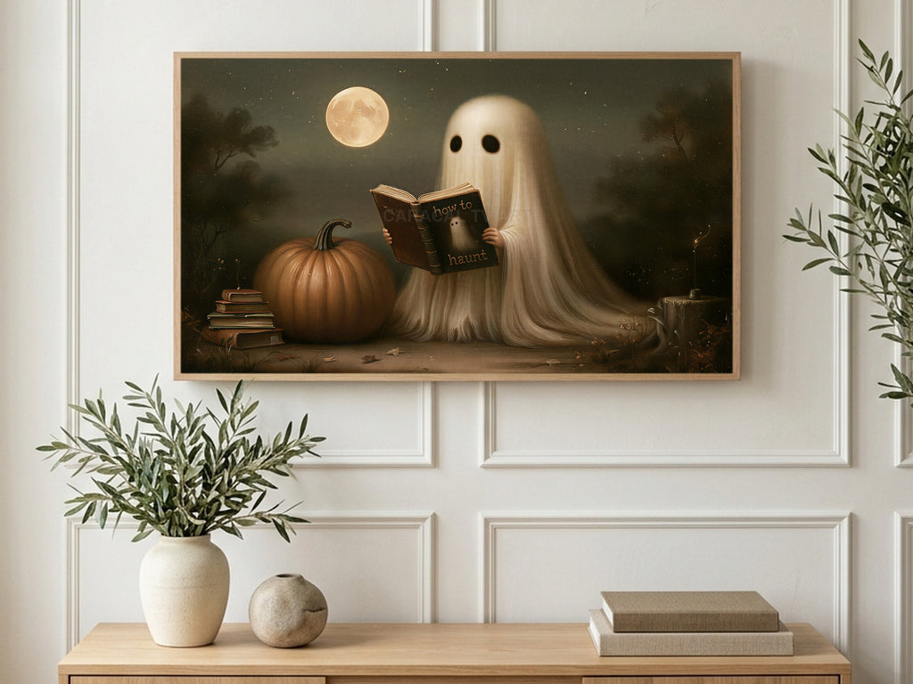 Bookish Moonlit Ghost art on a TV in a living room