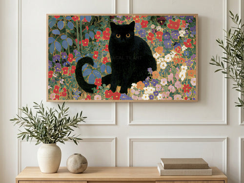 Black Cat Flower Garden art on a TV in a living room