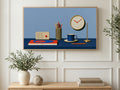 Desk Radio and Clock art on a TV in a living room