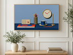 Desk Radio and Clock art on a TV in a living room