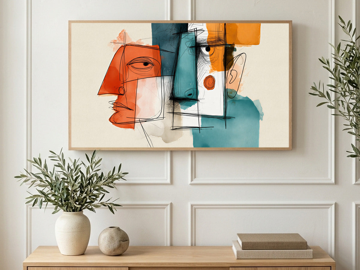 Cubist Line Faces art on a TV in a living room