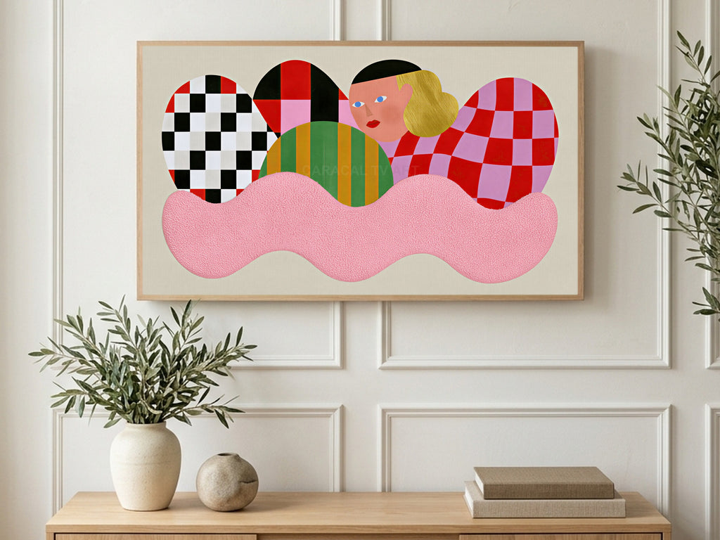 Checkered Shapes Portrait art on a TV in a living room