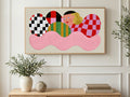 Checkered Shapes Portrait art on a TV in a living room