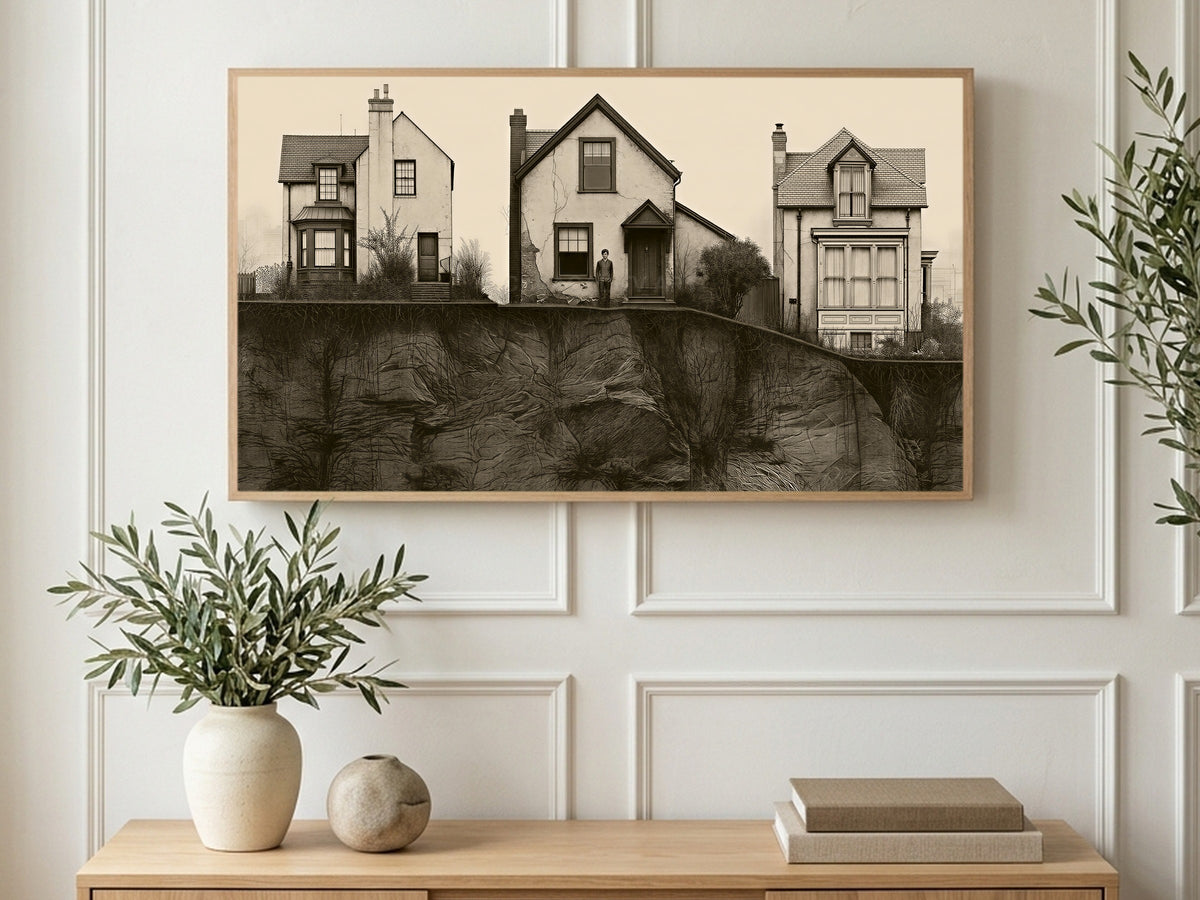 Three Cliffside Houses art on a TV in a living room