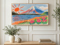 Crayon Mount Fuji art on a TV in a living room