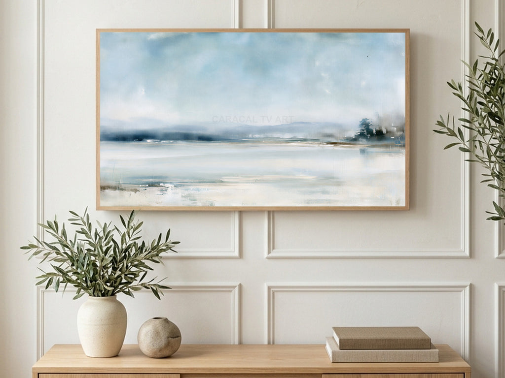 Pale Winter Horizon art on a TV in a living room