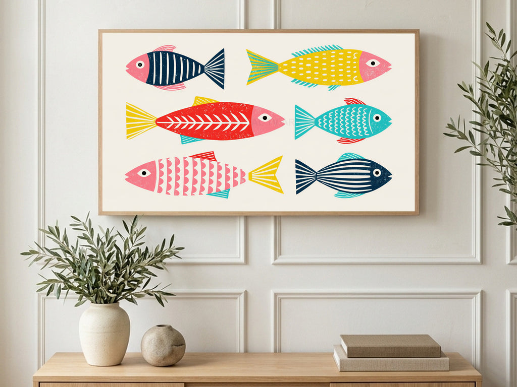 Linocut Fish Pairs art on a TV in a living room