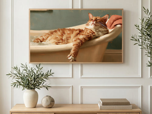 Bubble Bath Ginger Cat art on a TV in a living room