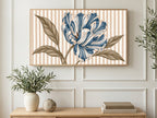 Blue Tulip on Stripes art on a TV in a living room