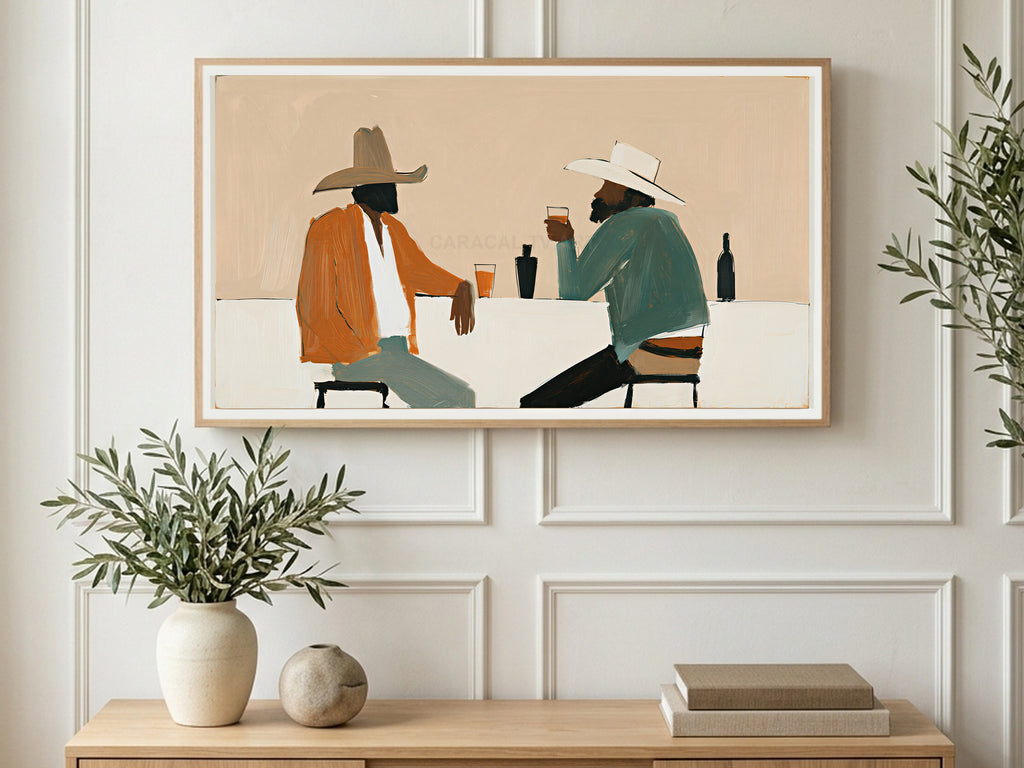 Cowboys at the Bar art on a TV in a living room