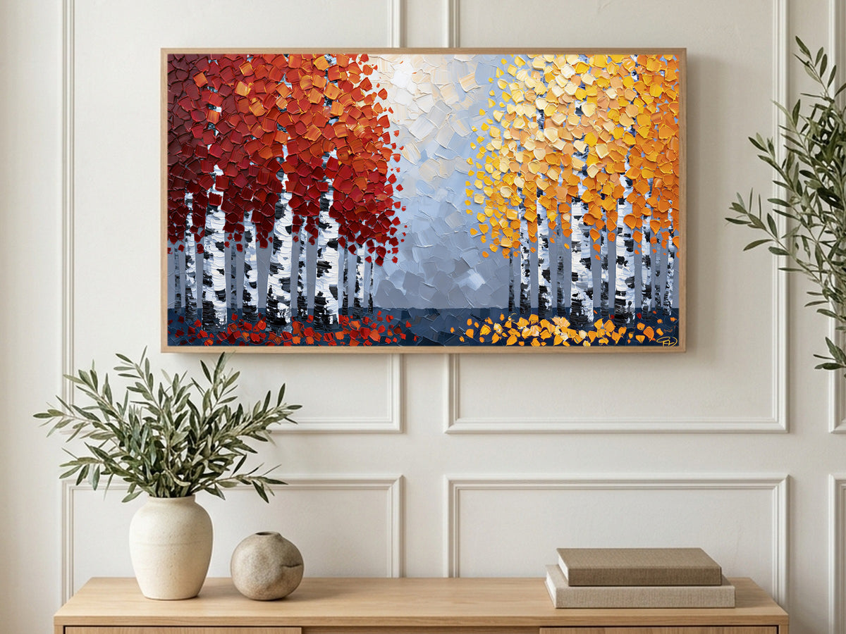 Red and Gold Birches art on a TV in a living room