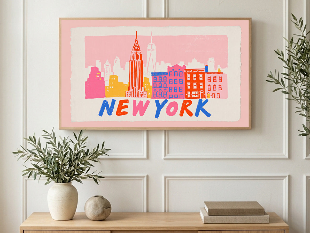 New York Skyline Letters art on a TV in a living room