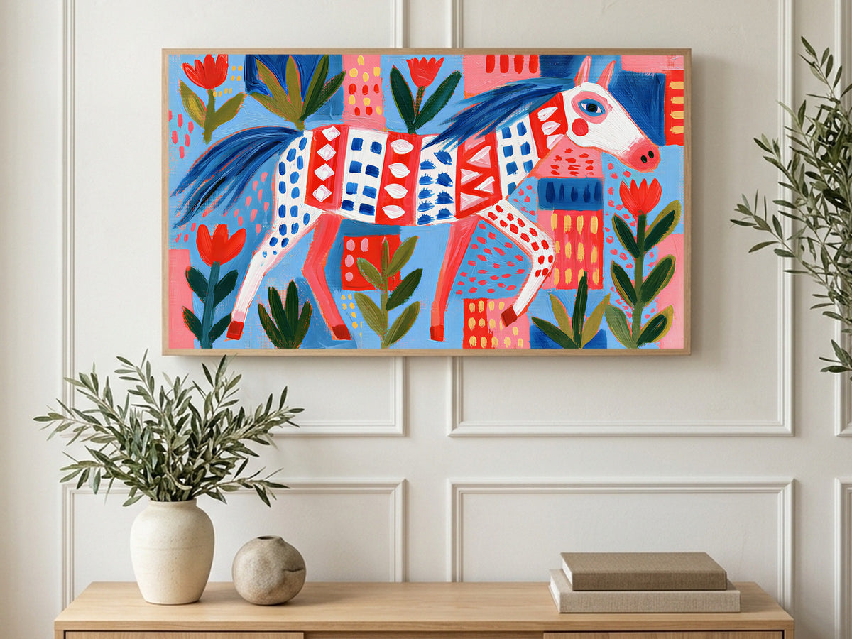 Folk Horse and Tulips art on a TV in a living room