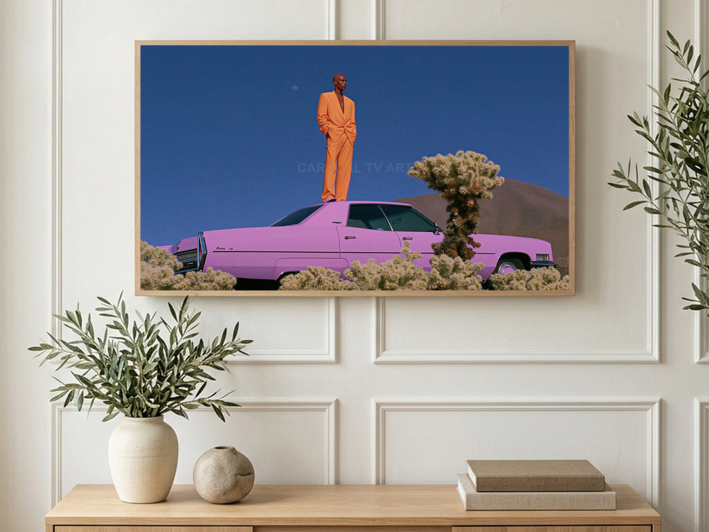 Pink Car Desert Pose art on a TV in a living room