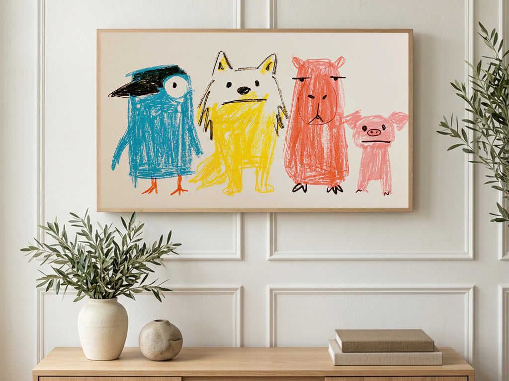 Crayon Animal Lineup art on a TV in a living room