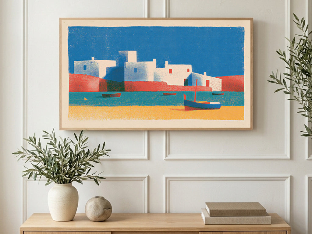 Whitewashed Harbor Boats art on a TV in a living room
